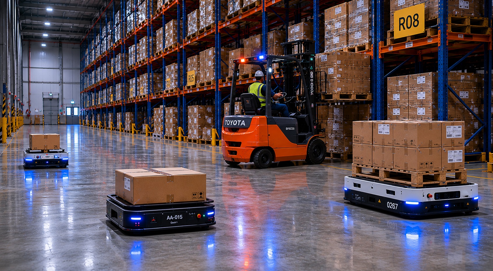 Intralogistics fleet simulation — AGVs, AMRs and forklifts operating in a shared warehouse environment